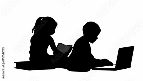 Children learning with books and laptop silhouettes, symbolizing education and digital literacy growth