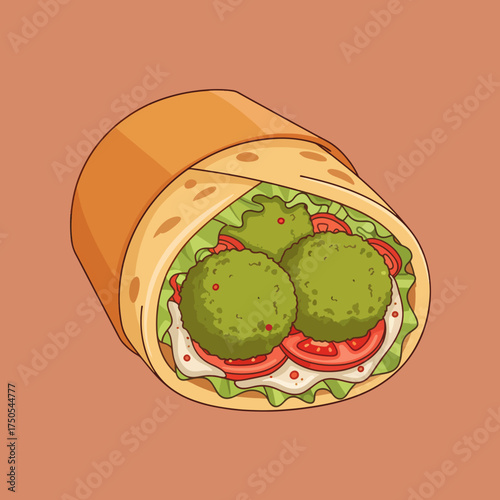 Falafel Wrap Illustration with Tomatoes and Greens on a Brown Background