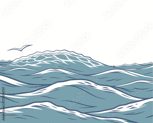 Blue ocean water surface with gentle waves and ripples on a white background