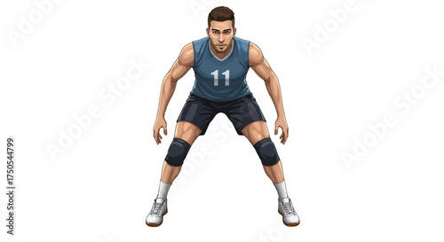 Male volleyball player in ready stance wearing blue jersey number 11, shorts, knee pads, and athletic shoes, isolated on white background.