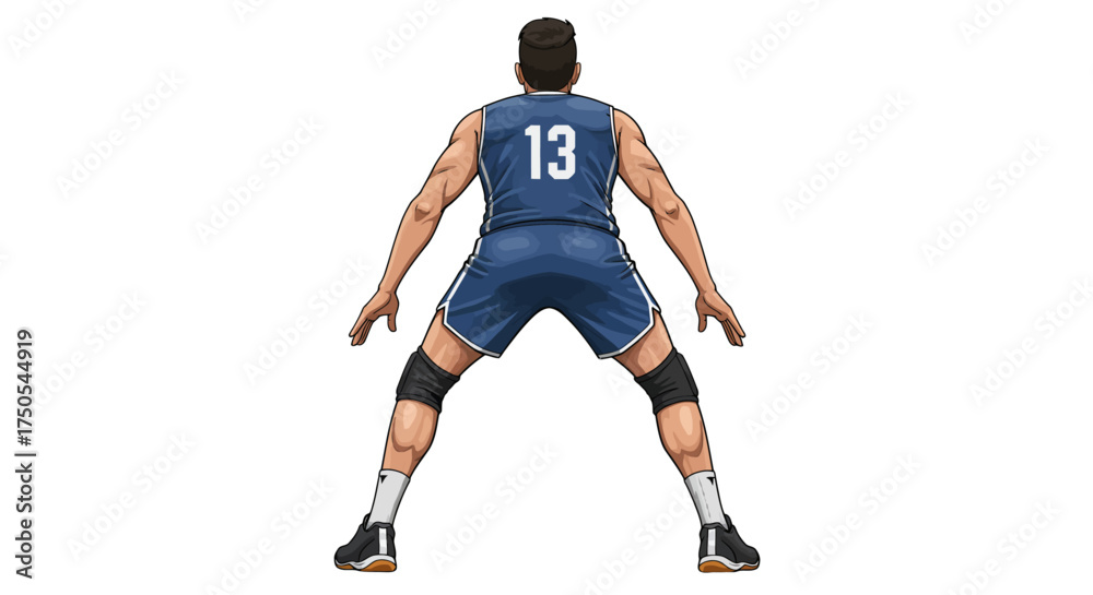 Naklejka premium Rear view illustration of a male basketball player in a defensive stance wearing number 13.