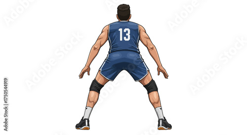 Rear view illustration of a male basketball player in a defensive stance wearing number 13.