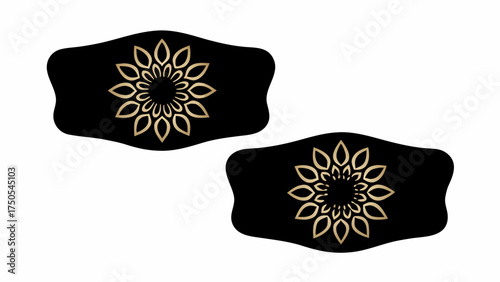 Elegant gold mandala floral patterns on black abstract shapes offer sophisticated decorative elements for branding