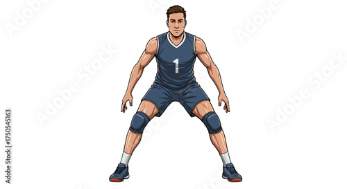 Male volleyball player in a blue uniform with the number one, in a ready stance on a white background.