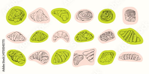 French breakfast doodle set, vector hand drawn Paris lunch coquettish illustration, pink ribbon bow. Cute vintage brunch collection, eatery menu design object, tea cup croissant. French breakfast food