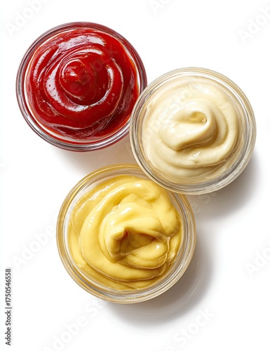 Three small glass bowls, each filled with a different condiment, arranged in a triangular pattern against a white background.  The bowls contain ketchup, mayonnaise, and mustard