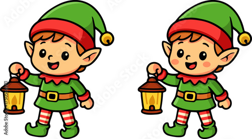 Cheerful christmas holiday elves with lanterns festive forest scene cartoon art joyful environment whimsical concept