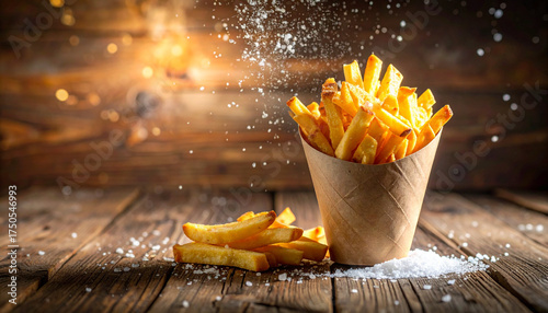 Crispy golden French fries in paper cone on rustic wooden table