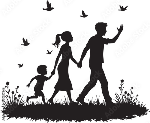 Black silhouette family walking with birds and grass