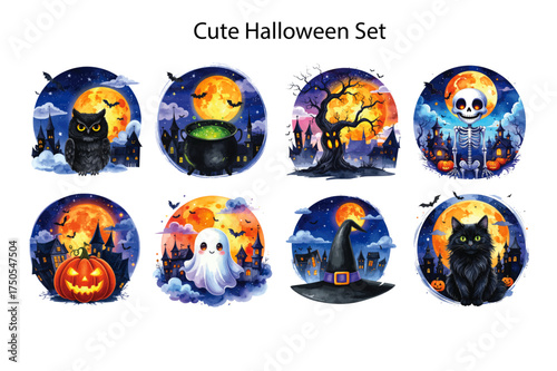 A charming set of eight circular watercolor illustrations featuring cute Halloween characters like a ghost, black cat, and owl against a full moon.