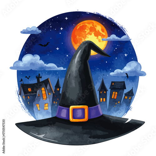 Watercolor illustration of a witch's hat in front of a spooky Halloween night scene with a full orange moon, bats, and haunted houses.