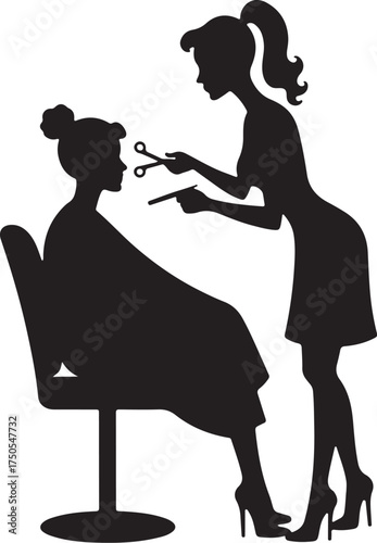 Black silhouette of hairdresser cutting hair in salon