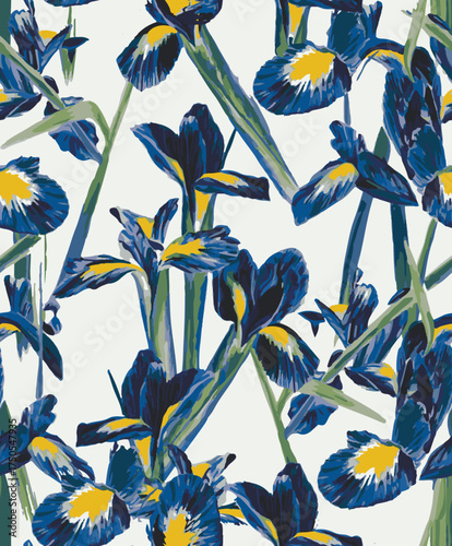 Beautiful hand-painted seamless pattern. watercolor iris flowers in blue and yellow hues with lush green stems. Ideal for apparel, resortwear, scarves, stationery, and home décor. 