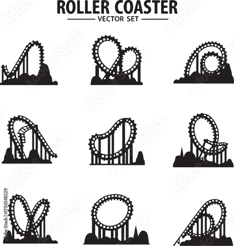 Black silhouette roller coaster tracks with loops and drops