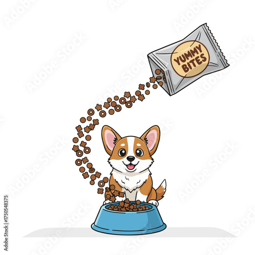 Adorable cartoon Corgi eagerly awaiting yummy treats, a delightful moment of pet happiness, food pouring into bowl creating a fun playful scene