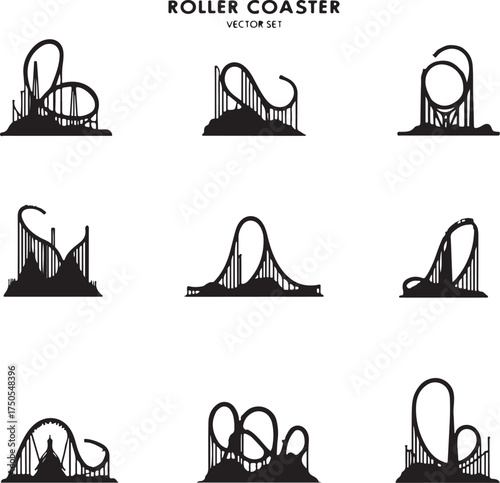 Black silhouette roller coaster vector set amusement park