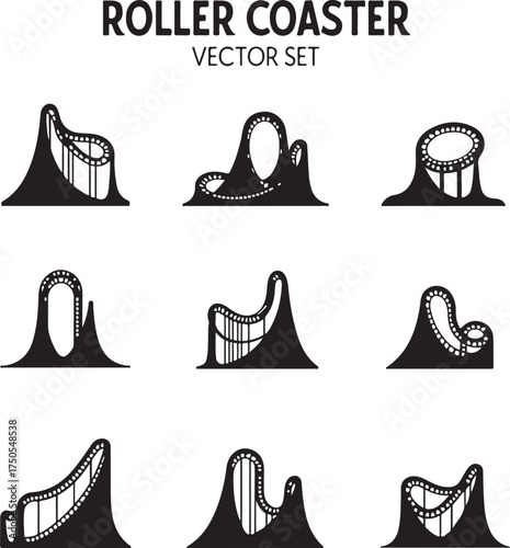 Black silhouette roller coaster vector set amusement park