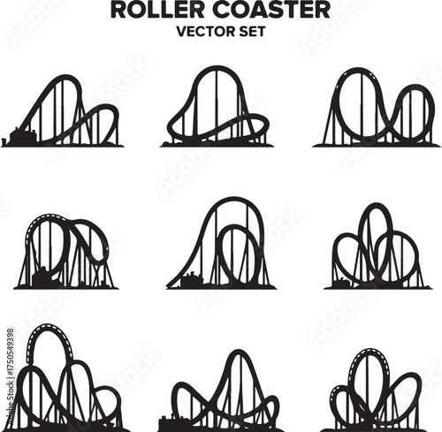 Black silhouette roller coaster vector set amusement park