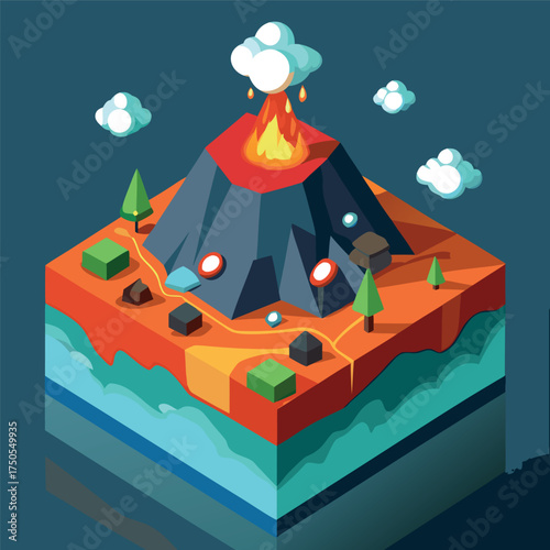 A colorful isometric illustration of an erupting volcano island with lava flow, trees, rocks, and surrounding ocean, in a 3D cartoon style