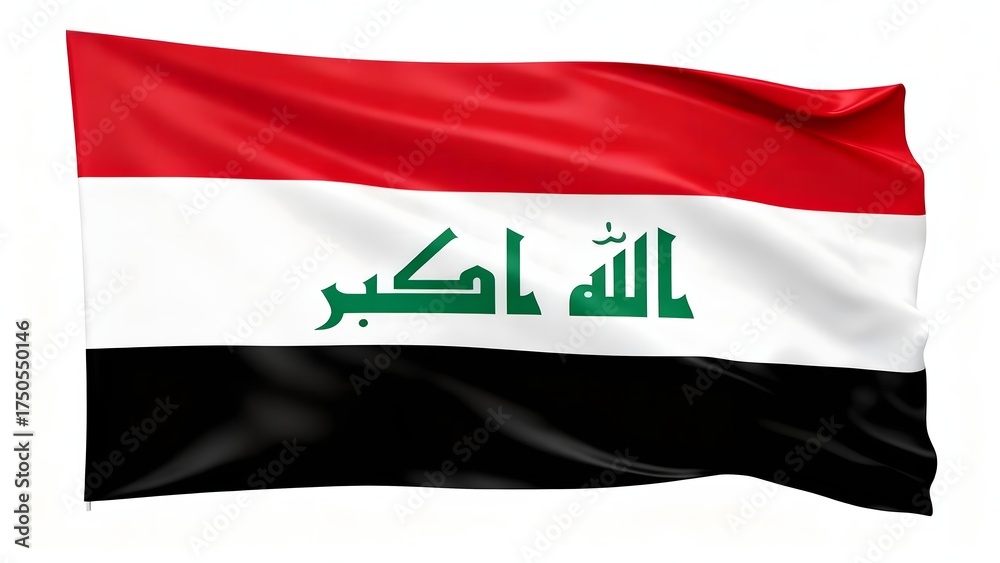 Naklejka premium Photorealistic image of the flag of Iraq with three horizontal stripes (red, white, black) and the green Arabic script 