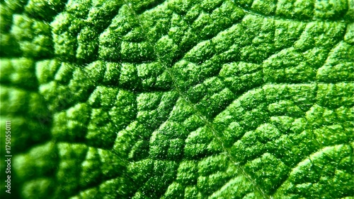A macro shot of a green leaf surface showing its rich texture and intricate patterns of natural ridges and veins under bright light.