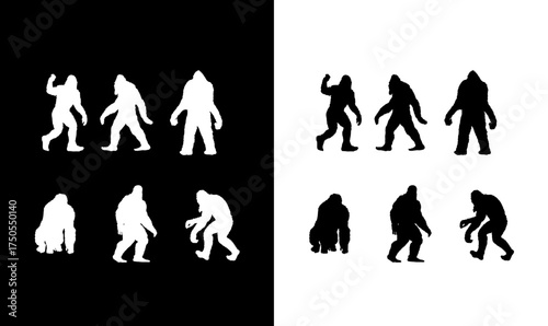 gorilla silhouette set vector illustration, chimpanzee silhouette set vector illustration, chimpanzee, gorilla, silhouette, black, design, art, illustration, icon, symbol, abstract, vintage, mammal, 