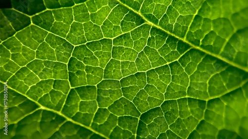 A macro photograph of a green leaf showing its detailed vein structure illuminated by sunlight, highlighting its natural patterns and texture.