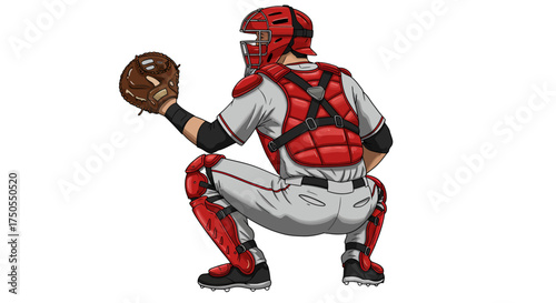 A baseball catcher in full gear crouches down in anticipation of a pitch, ready to catch the ball.