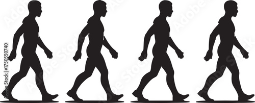 Four black silhouettes of men walking in the same direction, , creating a sense of movement and rhythm, ideal for illustrating concepts like progress or teamwork