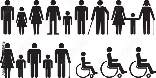 Diverse group of human silhouettes representing various ages, genders, and abilities, , symbolizing inclusivity and accessibility for all individuals