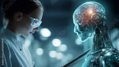 A thoughtful female scientist in safety glasses observing a glowing, brain-like humanoid robot