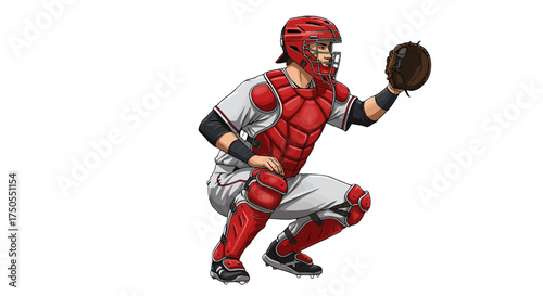 A baseball catcher in full gear, squatting and ready to catch the ball with his mitt.