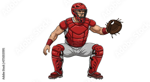 Illustration of a baseball catcher in full red protective gear and mitt, crouching in a ready stance on a white background.