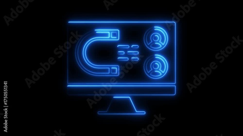 Computer Screen With Neon Blue Magnet Attracting People Icons And List monitor