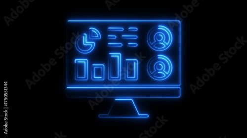 Blue Neon Outline of Computer Screen Showing Data Charts and User Icons monitor