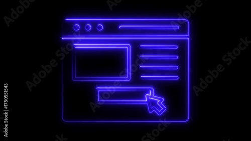 Neon Blue Web Browser Window With Cursor Clicking Button On Black Background glow light