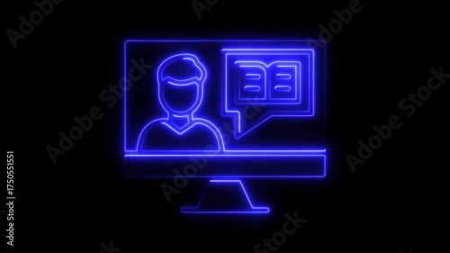 Computer Screen With Neon Blue Person Icon And Open Book In Speech Bubble monitor