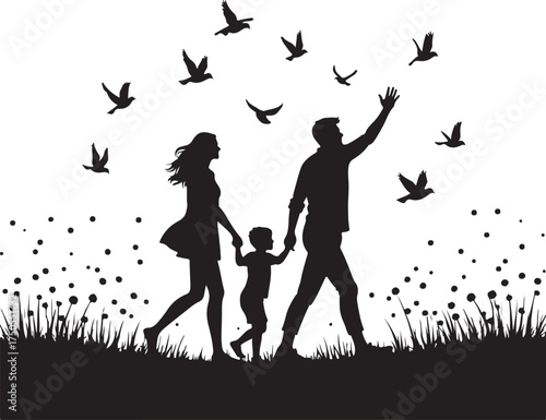 Family walking in grass with birds flying above silhouette
