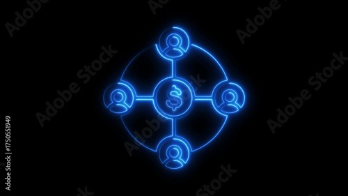 Neon Blue Network Diagram With Dollar Sign In Center And User Icons glow light