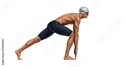 A muscular male swimmer in a starting position on a white background, wearing a swim cap and goggles.