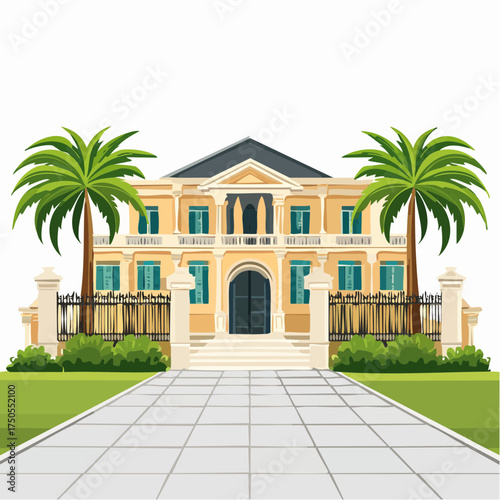 Opulent mansion entrance with grand driveway, ornate gates, and lush palm trees