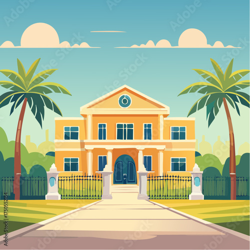 Opulent mansion entrance with grand driveway, ornate gates, and lush palm trees