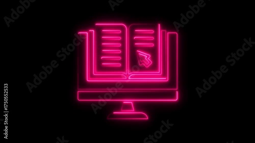 Bright Pink Neon Icon of Computer Monitor Displaying Open Book and Cursor screen