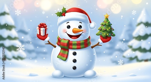 Festive Snowman Illustration with Christmas Tree and Gift.