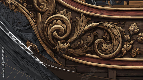 Ornate wooden carving detailing historic ship architectural design decor