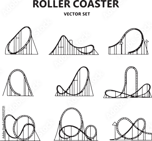 Nine black and white vector illustrations of roller coaster tracks
