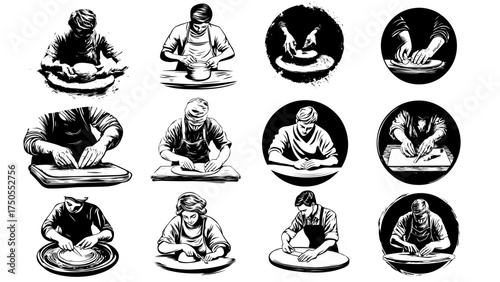 Set of Black and White Vector Illustrations of Potters Working with Clay and Wheels

