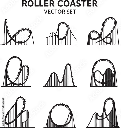 Nine black and white vector illustrations of roller coaster designs