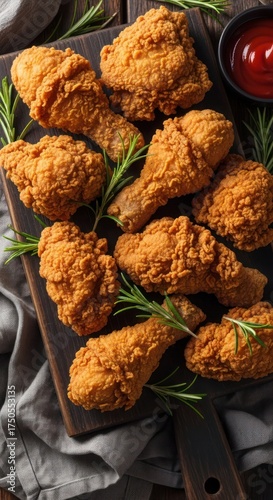 Overhead shot of crispy fried chicken pieces arranged on a wooden board with rosemary and ketchup.