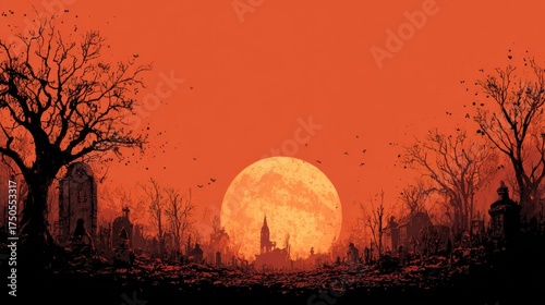Eerie sunset over a spooky graveyard with silhouettes of trees and tombstones set against an orange sky